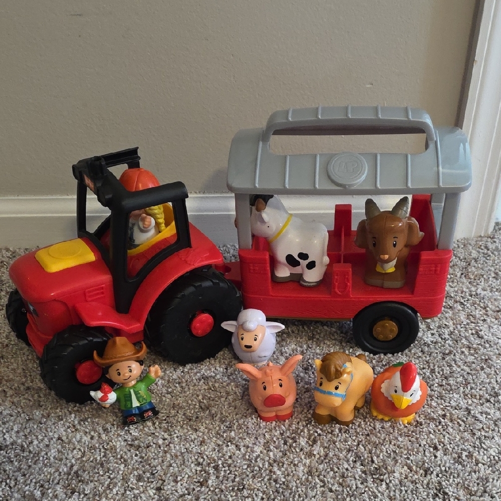 Red Toy Tractor with Animal Trailer and Farm Figures - Kids Toys